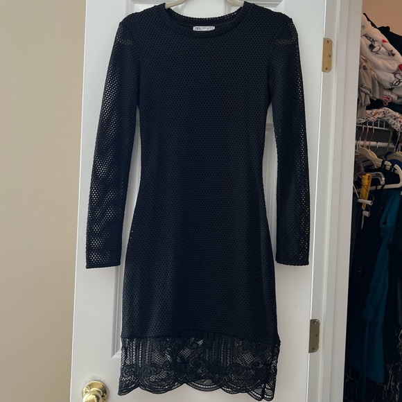 Zara Dresses Zara Black Mesh Lace Trim Long Sleeve Dress Poshmark